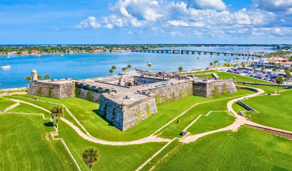 A panoramic view of Castillo de San Marcos fort and Matanzas Bay on a sunny day in St. Augustine, Florida.