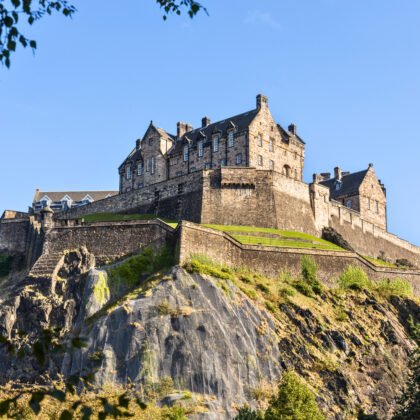Blick auf das Edinburgh Castle auf dem Castle Rock, mit steilen Felswänden und historischen Mauern unter blauem Himmel.