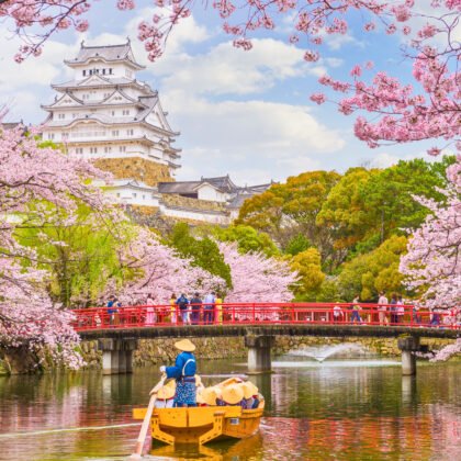 Bootsfahrt am Schloss Himeji umgeben von Kirschblüten