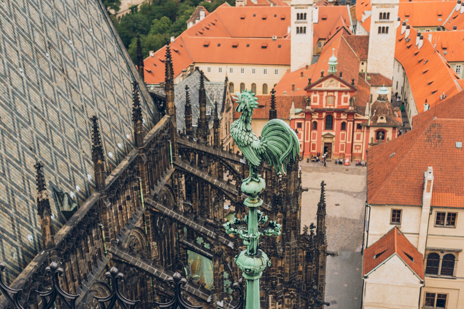 Rooster Weather Vane and Rooftop View of Prague Castle’s St. George’s Basilica