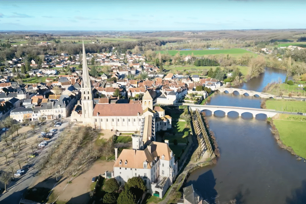 Aerial view of the Abbey of Saint-Savin and the surrounding townscape by the Gartempe River in Nouvelle-Aquitaine, France.
