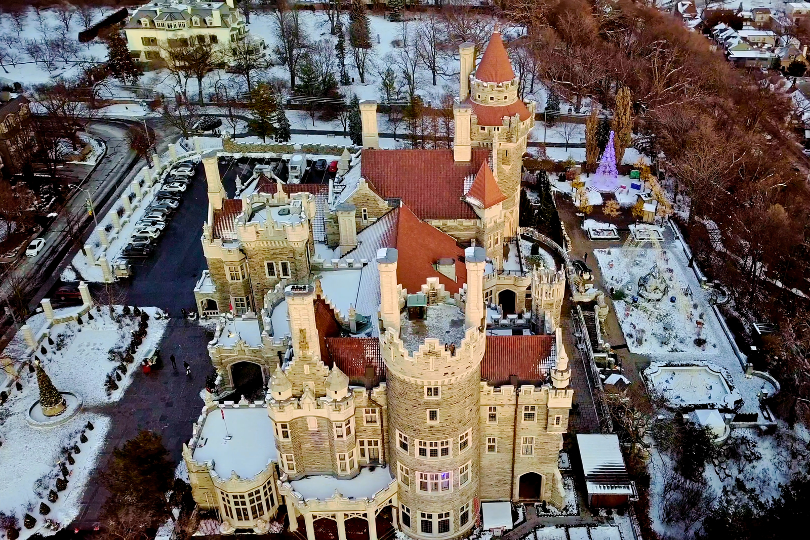 Casa Loma in Winter with Holiday Lights and Snow