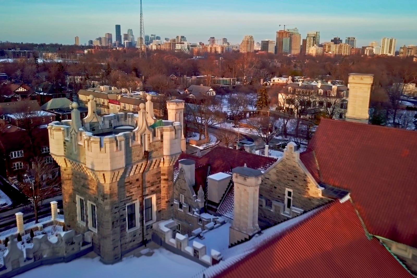 Casa Loma Rooftop in Winter with Toronto Skyline