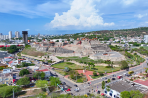 Aerial view of Castillo San Felipe de Barajas with cityscape in Cartagena.