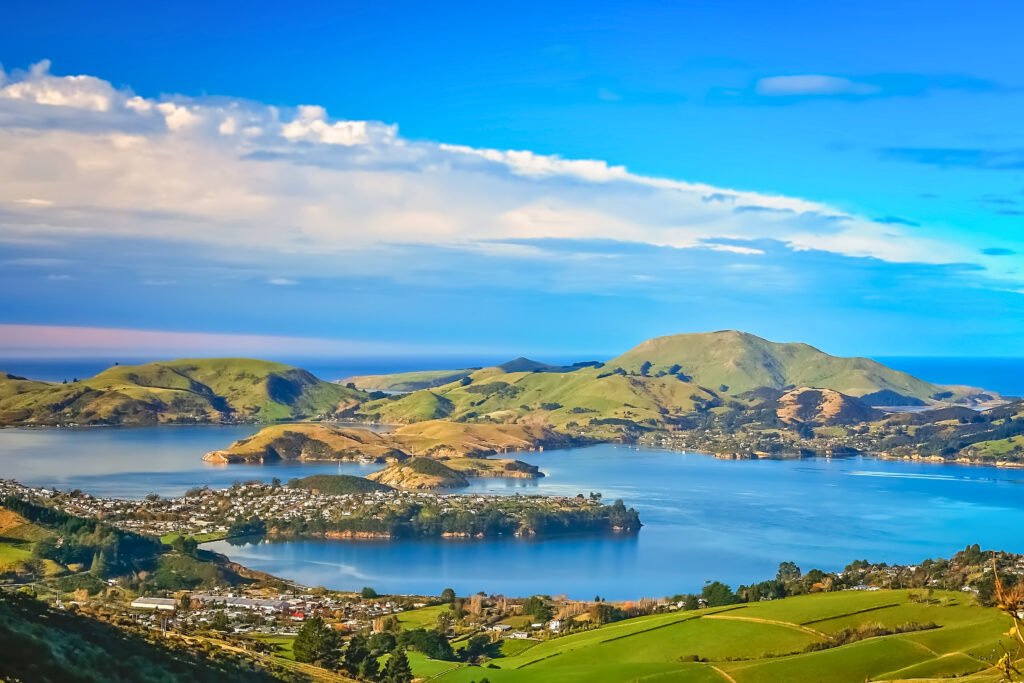 Panoramic view of Dunedin town and the Otago Peninsula, with lush green hills and sparkling blue waters under a bright blue sky in New Zealand.