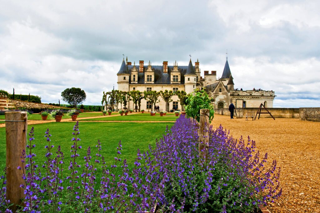 Château d’Amboise seen from its gardens, with rows of trimmed trees and blooming purple flowers under a cloudy sky