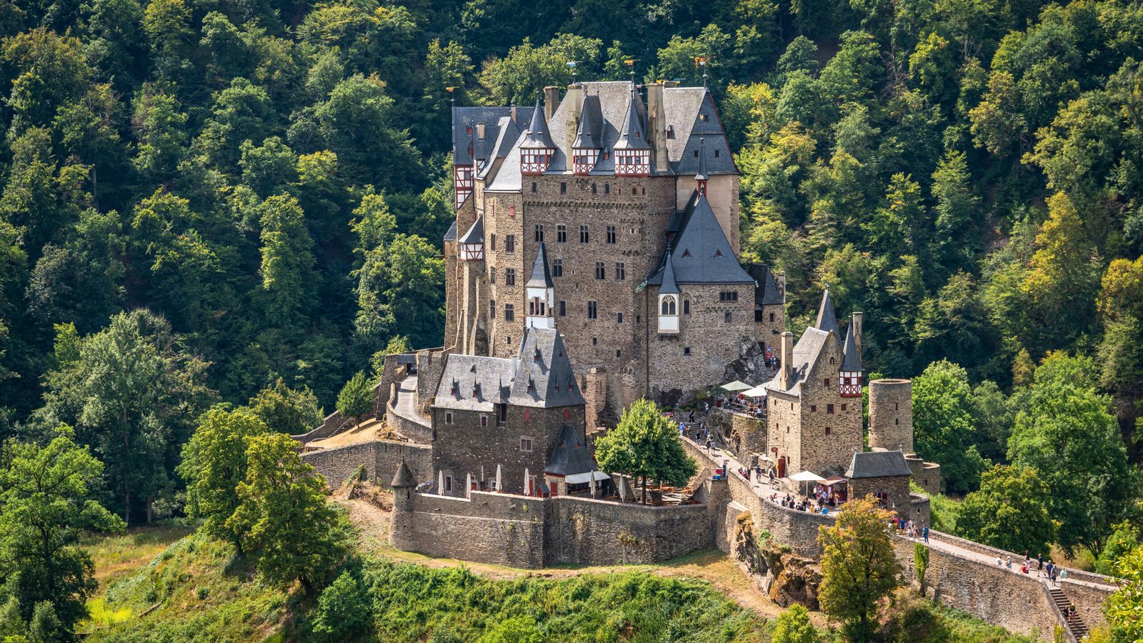 Aerial view of Eltz Castle surrounded by dense forest in Germany