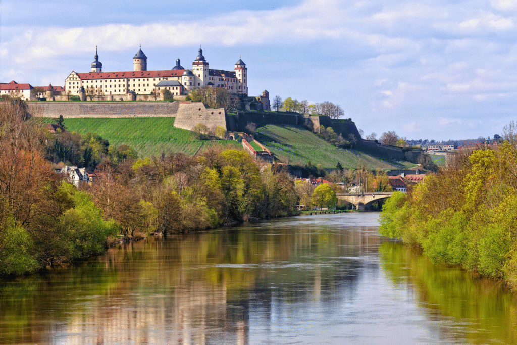 Fortress Marienberg overlooking the Main River and surrounding vineyards in Würzburg, Germany.