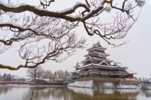 Matsumoto Castle covered in snow with pond and leafless tree branches
