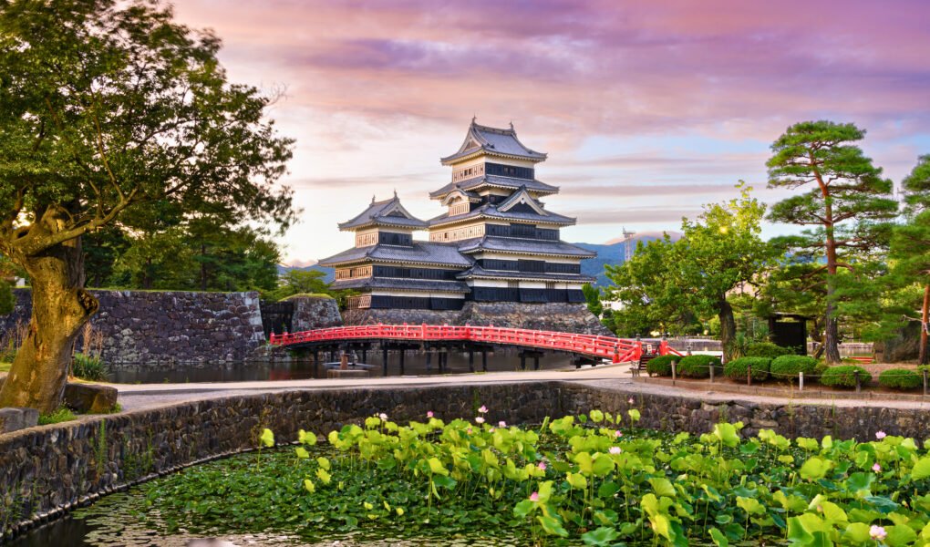 Scenic view of Matsumoto Castle with its iconic red bridge and lotus-filled moat at sunset in Nagano Prefecture, Japan.