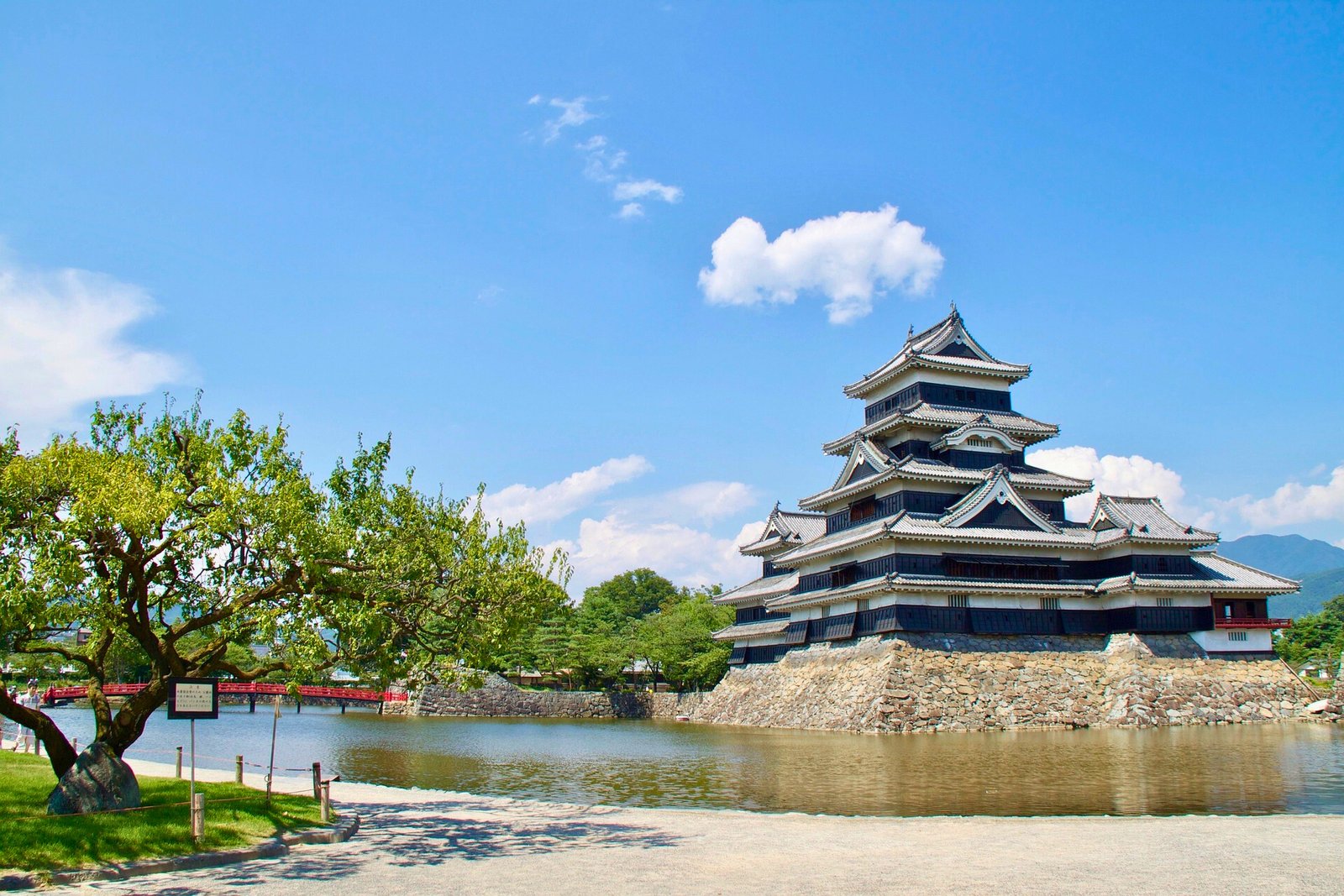 Matsumoto Castle in Summer with Blue Skies and Moat View