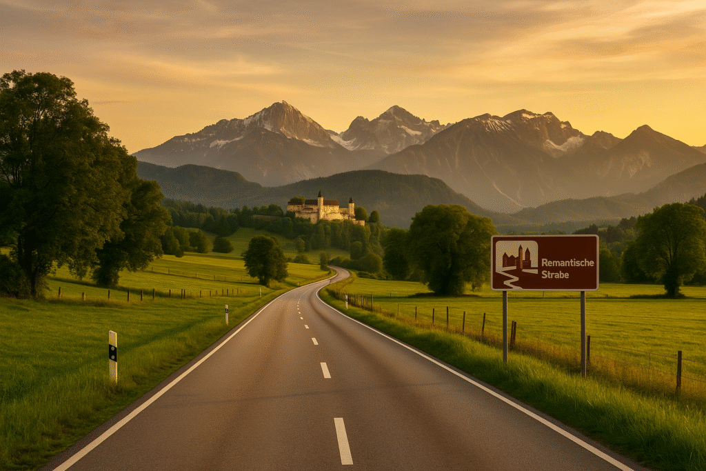 Scenic winding road through the Bavarian countryside under soft skies