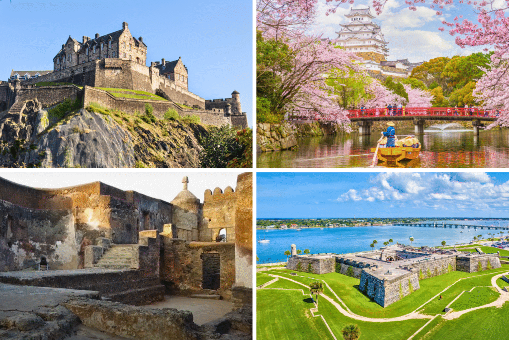 Collage of four global castles: Edinburgh Castle (Scotland), Himeji Castle (Japan), Fort Jesus (Kenya), and Castillo de San Marcos (USA), showing diverse castle architecture around the world.