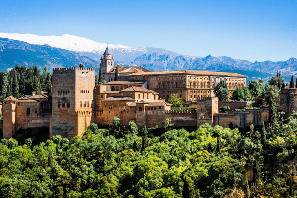 The Alhambra in Granada with the Sierra Nevada mountains in the background