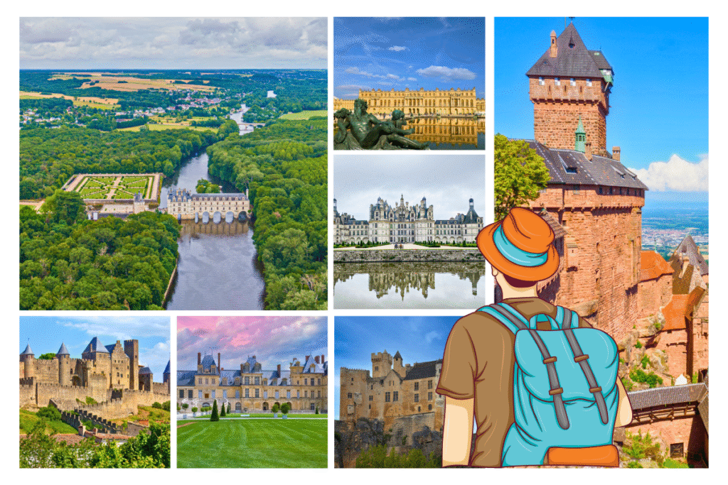 Collage of France’s most famous castles, featuring aerial and close-up views of Château de Chenonceau, Château de Chambord, Château de Versailles, Carcassonne, Château de Fontainebleau, Château de Beynac, and Haut-Koenigsbourg, with an illustrated traveler gazing at the scene.