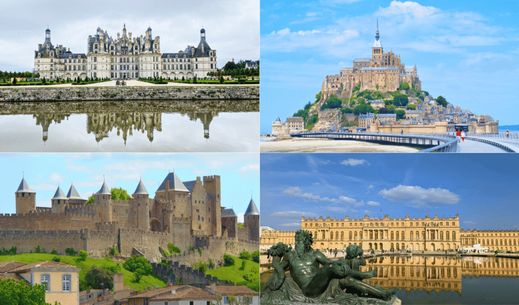 Collage featuring Château de Chambord, Mont-Saint-Michel, Château de Carcassonne, and Château de Versailles—four of the most iconic and beautiful castles in France.