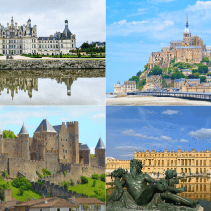 Collage featuring Château de Chambord, Mont-Saint-Michel, Château de Carcassonne, and Château de Versailles—four of the most iconic and beautiful castles in France.