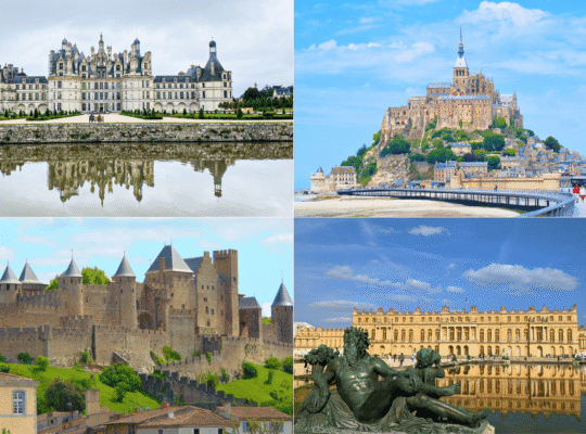 Collage featuring Château de Chambord, Mont-Saint-Michel, Château de Carcassonne, and Château de Versailles—four of the most iconic and beautiful castles in France.