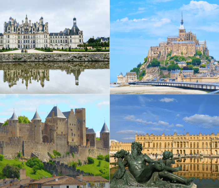 Collage featuring Château de Chambord, Mont-Saint-Michel, Château de Carcassonne, and Château de Versailles—four of the most iconic and beautiful castles in France.