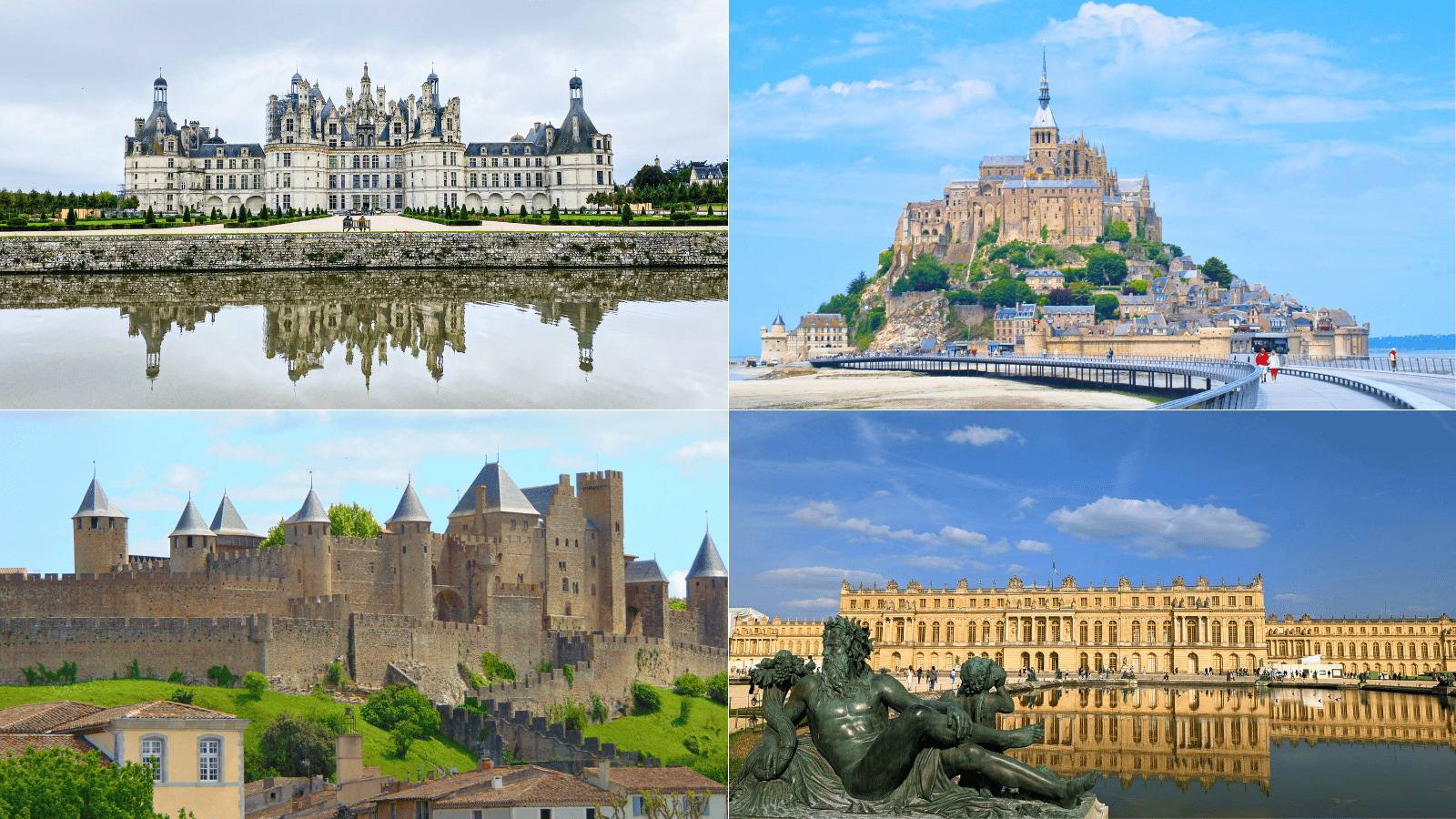 Collage featuring Château de Chambord, Mont-Saint-Michel, Château de Carcassonne, and Château de Versailles—four of the most iconic and beautiful castles in France.