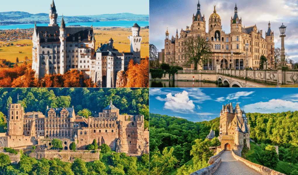 Collage of four famous German castles: Neuschwanstein, Schwerin, Heidelberg, and Burg Eltz, highlighting diverse architecture and landscapes.