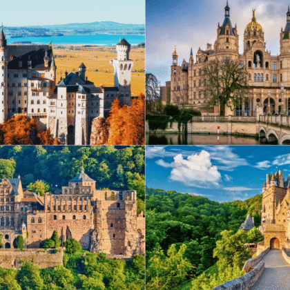 Collage of four famous German castles: Neuschwanstein, Schwerin, Heidelberg, and Burg Eltz, highlighting diverse architecture and landscapes.
