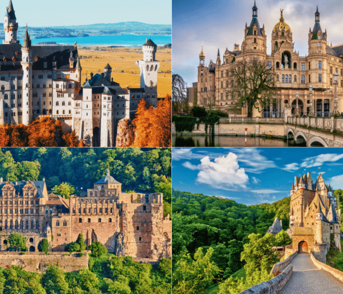 Collage of four famous German castles: Neuschwanstein, Schwerin, Heidelberg, and Burg Eltz, highlighting diverse architecture and landscapes.