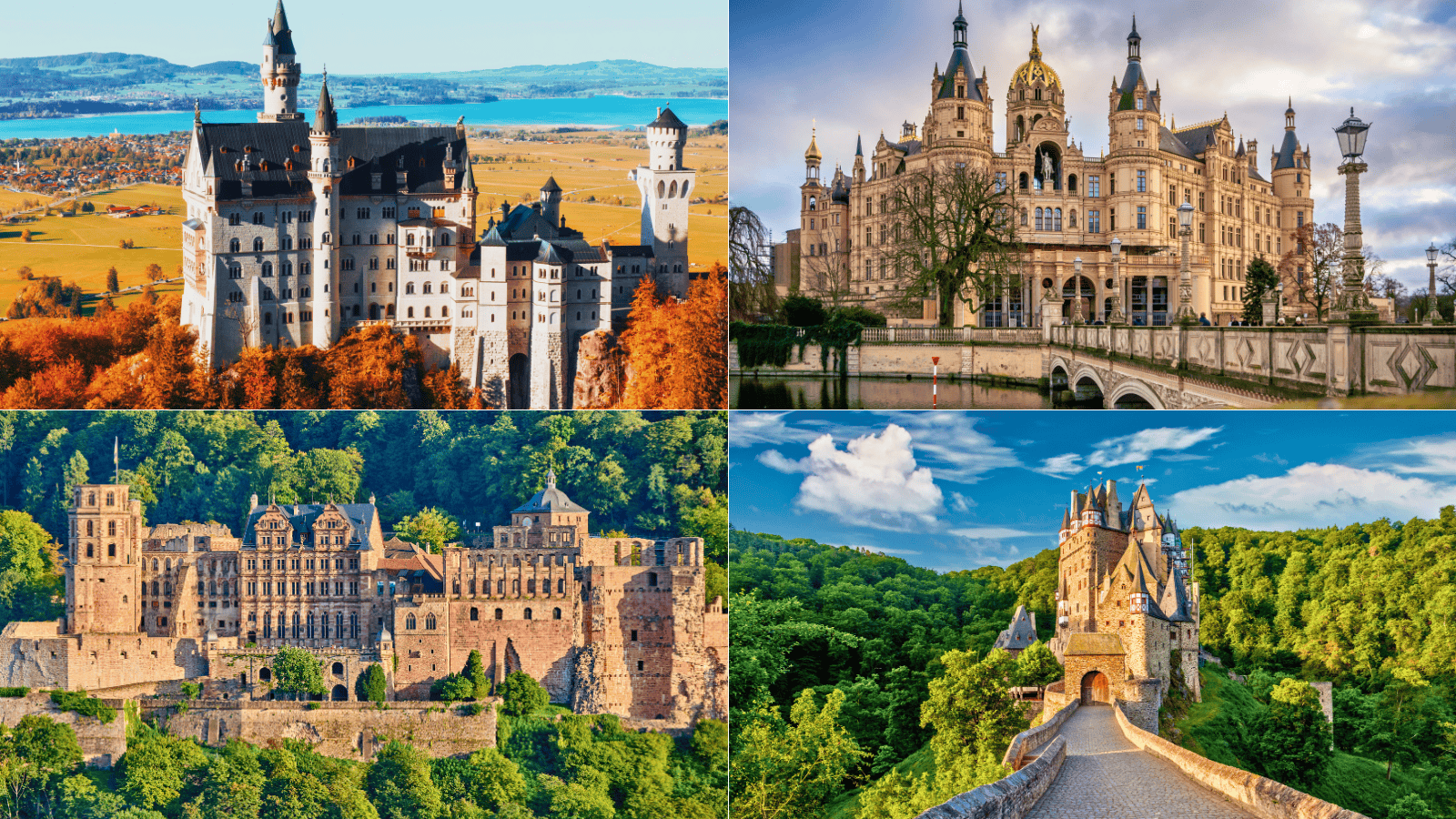 Collage of four famous German castles: Neuschwanstein, Schwerin, Heidelberg, and Burg Eltz, highlighting diverse architecture and landscapes.