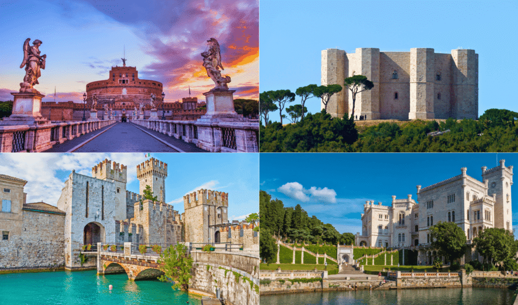 Collage of four of the best castles in Italy: Castel Sant’Angelo in Rome at sunset, Castel del Monte’s octagonal fortress in Puglia, Castello Scaligero’s moated towers in Sirmione, and the elegant seaside Castello di Miramare in Trieste.