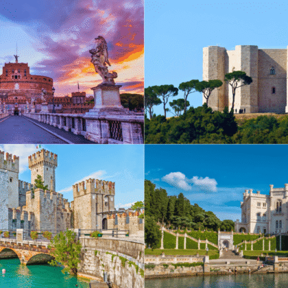 Collage of four of the best castles in Italy: Castel Sant’Angelo in Rome at sunset, Castel del Monte’s octagonal fortress in Puglia, Castello Scaligero’s moated towers in Sirmione, and the elegant seaside Castello di Miramare in Trieste.