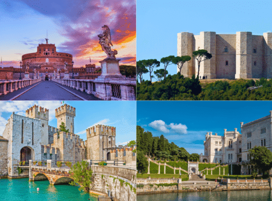 Collage of four of the best castles in Italy: Castel Sant’Angelo in Rome at sunset, Castel del Monte’s octagonal fortress in Puglia, Castello Scaligero’s moated towers in Sirmione, and the elegant seaside Castello di Miramare in Trieste.