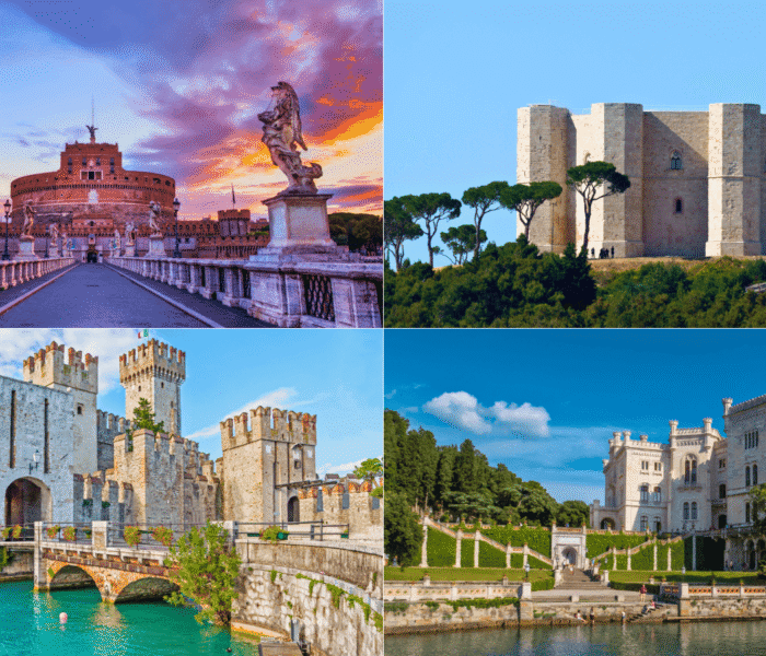 Collage of four of the best castles in Italy: Castel Sant’Angelo in Rome at sunset, Castel del Monte’s octagonal fortress in Puglia, Castello Scaligero’s moated towers in Sirmione, and the elegant seaside Castello di Miramare in Trieste.