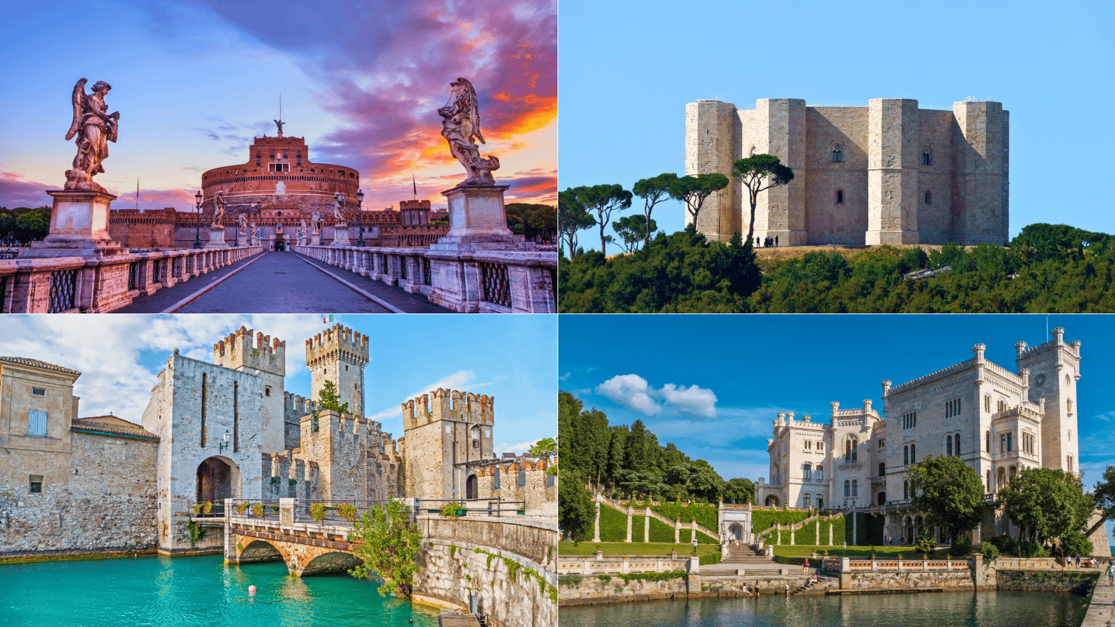 Collage of four of the best castles in Italy: Castel Sant’Angelo in Rome at sunset, Castel del Monte’s octagonal fortress in Puglia, Castello Scaligero’s moated towers in Sirmione, and the elegant seaside Castello di Miramare in Trieste.