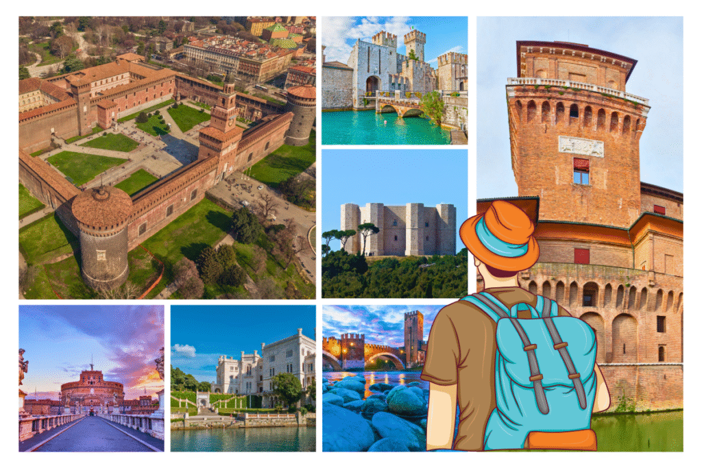 Collage of famous Italian castles, including aerial and scenic views of Castello Sforzesco, Castello Scaligero, Castel del Monte, Castello Estense, Castel Sant’Angelo, Castello di Miramare, and Castelvecchio, with an illustrated traveler admiring a fortress.