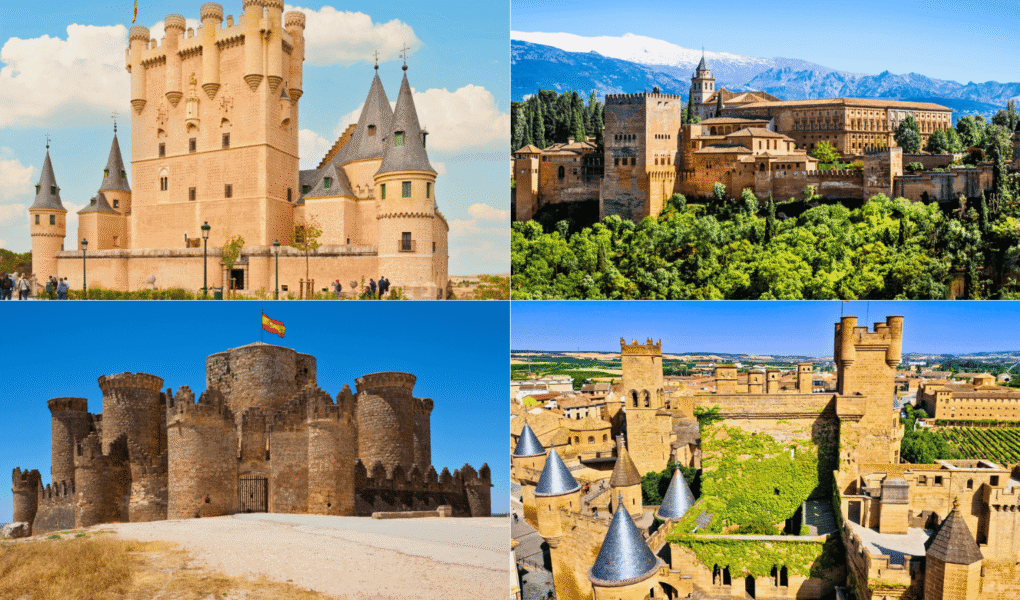 Collage of Spain’s most beautiful castles: Alcázar of Segovia, Alhambra of Granada, Castillo de Belmonte, and Castillo de Olite