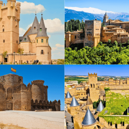 Collage of Spain’s most beautiful castles: Alcázar of Segovia, Alhambra of Granada, Castillo de Belmonte, and Castillo de Olite