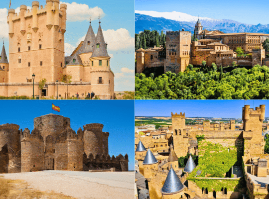 Collage of Spain’s most beautiful castles: Alcázar of Segovia, Alhambra of Granada, Castillo de Belmonte, and Castillo de Olite