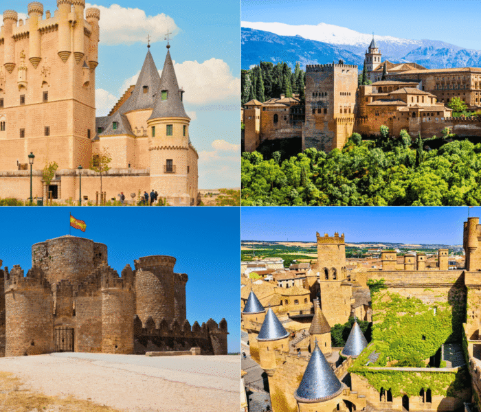 Collage of Spain’s most beautiful castles: Alcázar of Segovia, Alhambra of Granada, Castillo de Belmonte, and Castillo de Olite