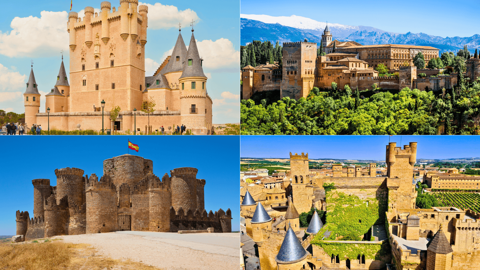 Collage of Spain’s most beautiful castles: Alcázar of Segovia, Alhambra of Granada, Castillo de Belmonte, and Castillo de Olite