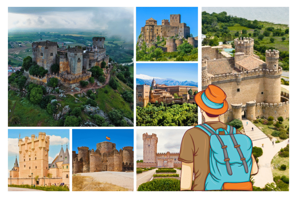 Collage of Spain’s top castles with an illustrated traveler in a hat and backpack, featuring iconic fortresses like the Alhambra, Alcázar of Segovia, and more