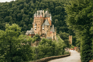 Medieval German castle surrounded by lush green forest, fairytale castle adventure.