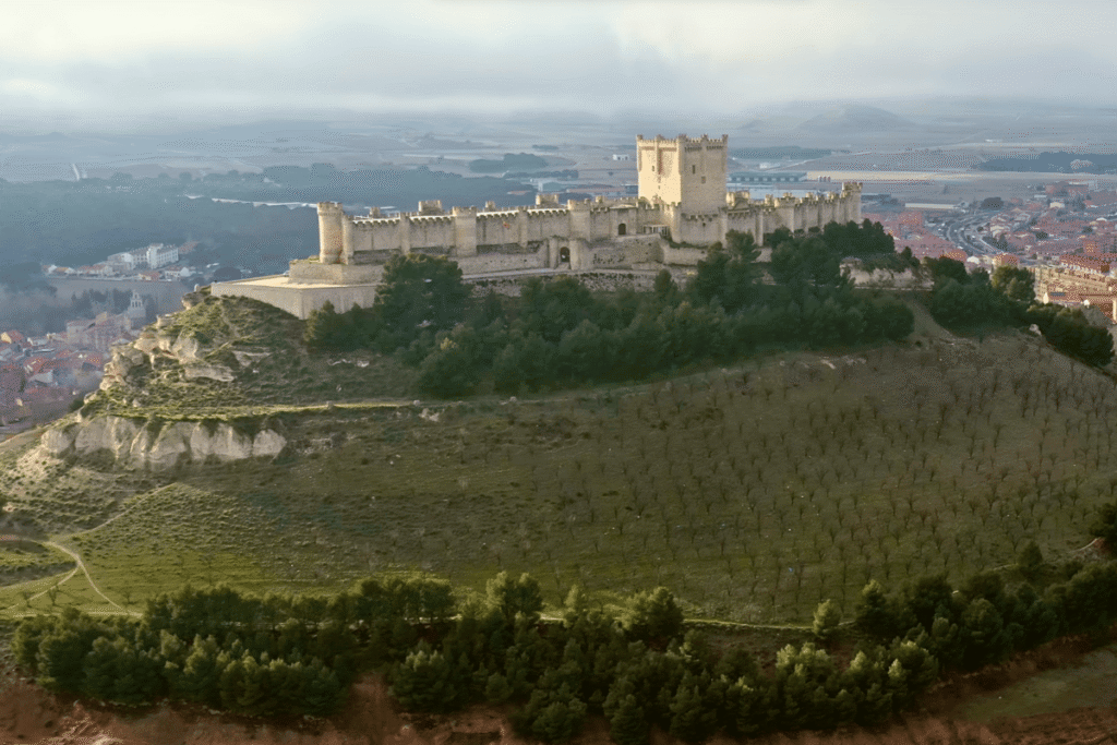 Aerial view of Castillo de Peñafiel atop a hill surrounded by trees and countryside in Spain