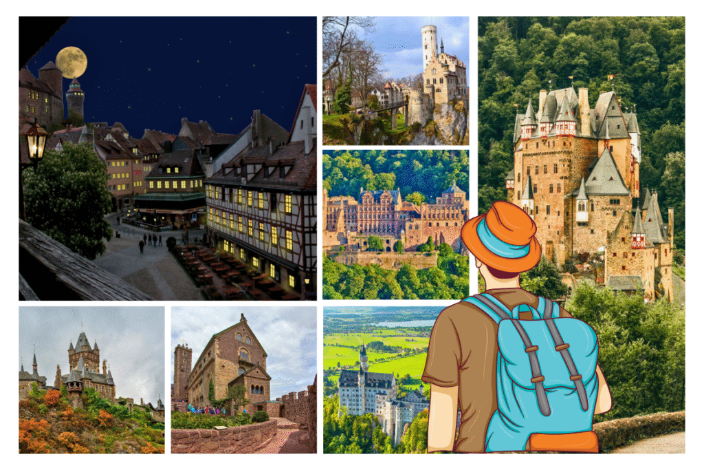 A colorful collage of famous German castles, including Neuschwanstein, Burg Eltz, Lichtenstein, Wartburg, and a historic old town scene, with a traveler wearing a backpack in the foreground.