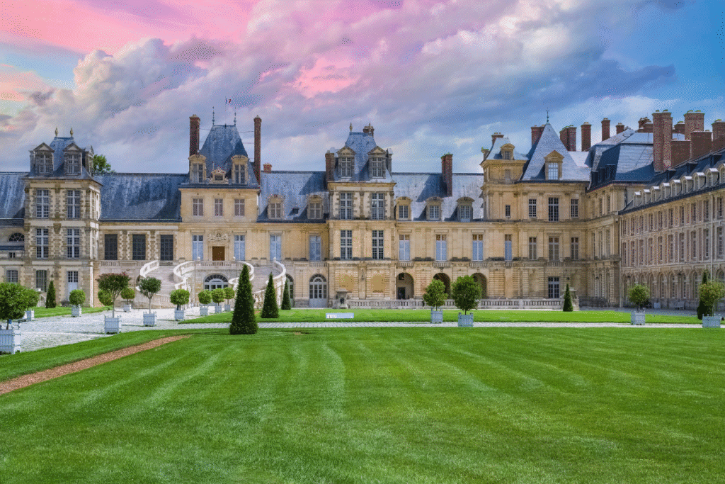 The grand façade and horseshoe staircase of Château de Fontainebleau, framed by manicured lawns and a colorful sunset sky.