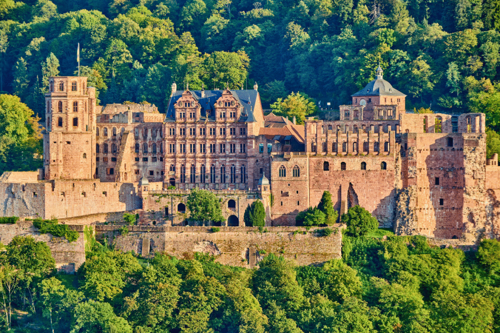 Heidelberg Castle’s red sandstone ruins perched above lush green forest in Germany.