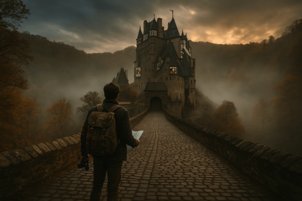 Traveler with a backpack and map stands on a misty path, gazing at a distant haunted castle surrounded by autumn trees under a moody sky.