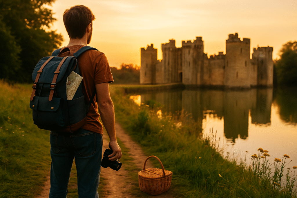 A young traveler stands with a backpack and camera on a grassy path at sunset, gazing at a medieval English castle reflected in a calm moat.