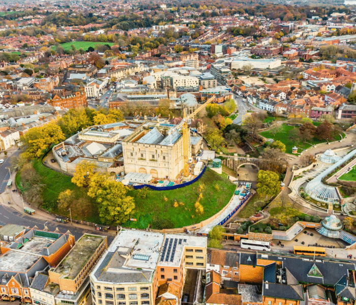 Aerial view of Norwich Castle surrounded by the cityscape of Norwich, England