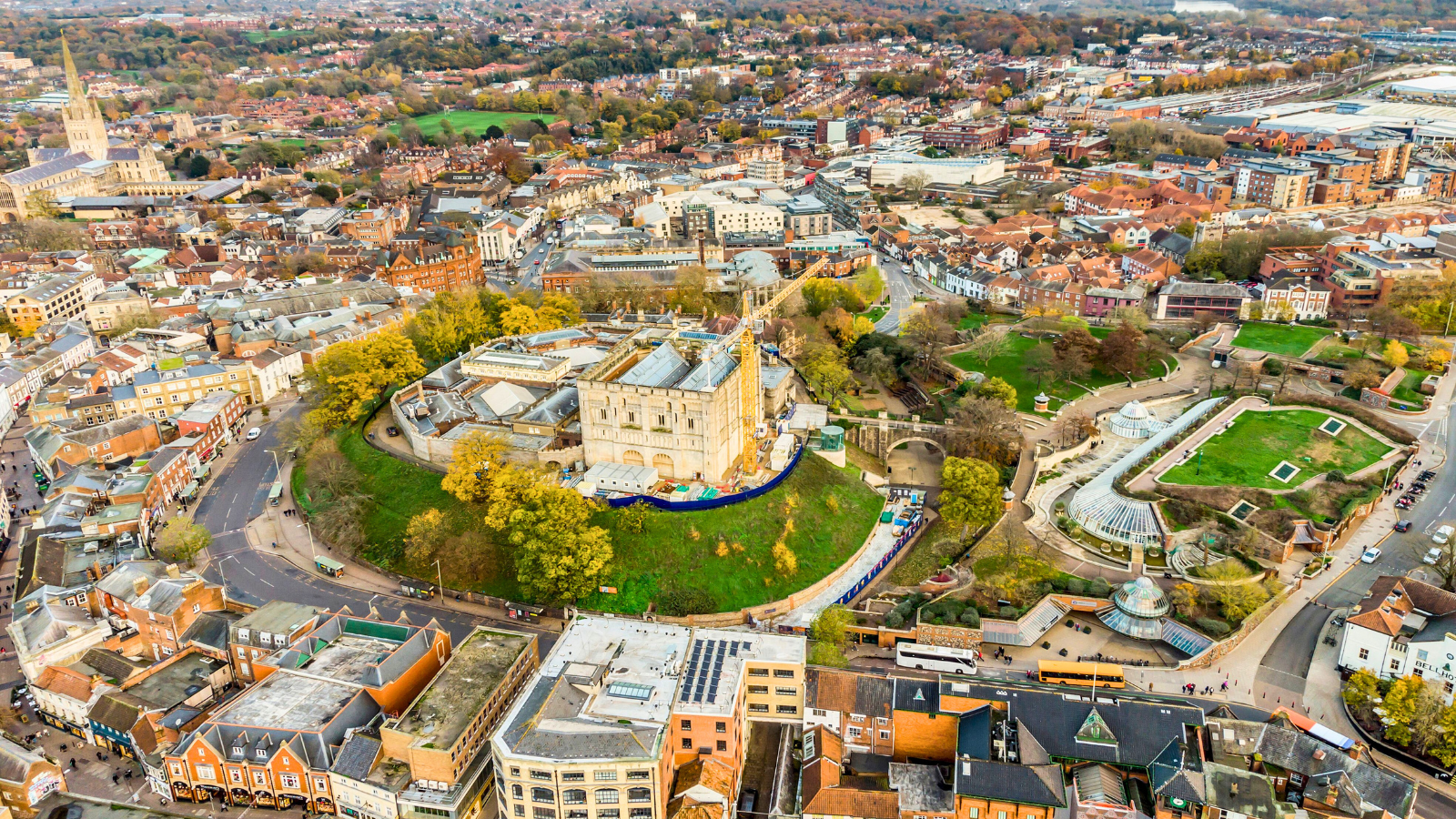 Aerial view of Norwich Castle surrounded by the cityscape of Norwich, England