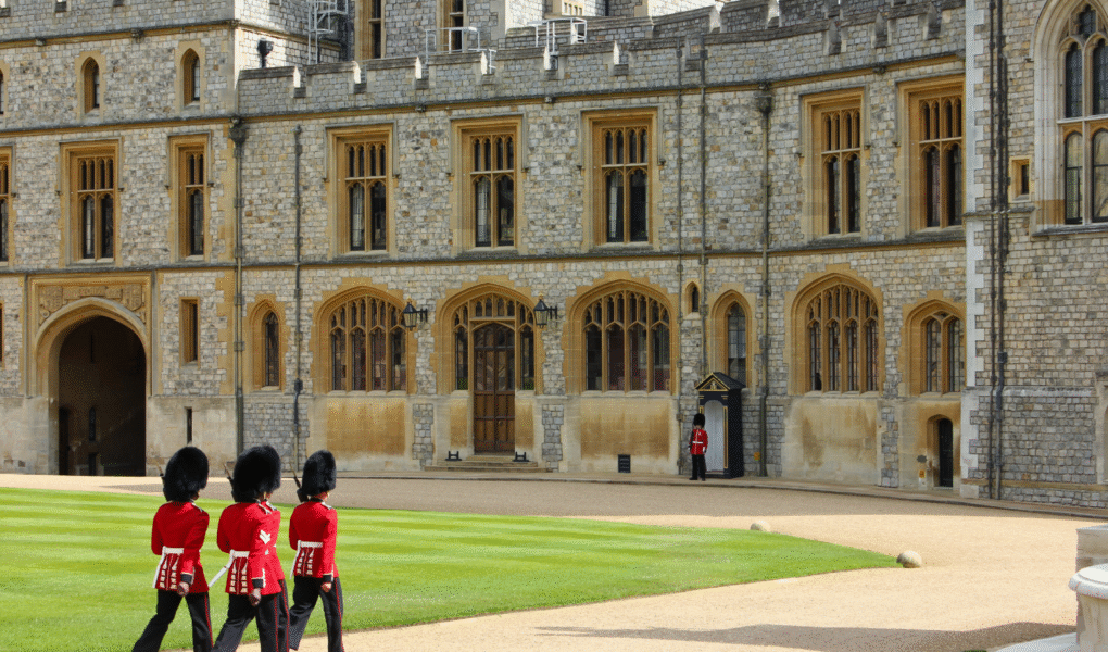 Windsor Castle guards in ceremonial uniform during a state visit event